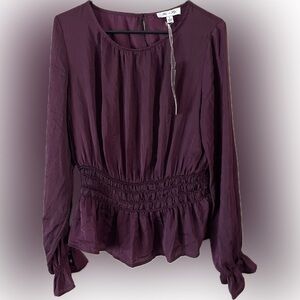 She + Sky Plum Long Sleeve Blouse. She Sky satin peplum blouse.